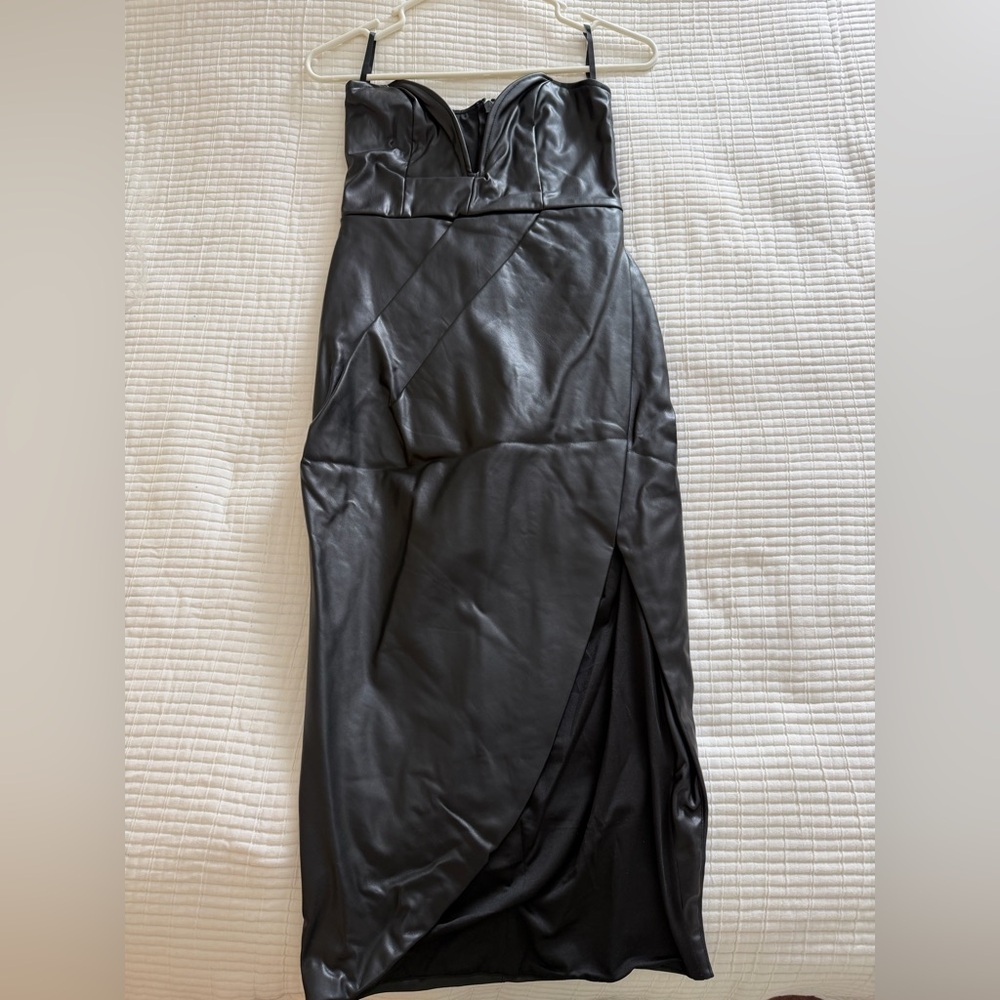 Black Faux Leather Strapless Dress